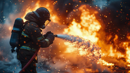 A firefighter in full gear is using a hose to direct water onto a blazing fire, working to put out the flames.の素材
