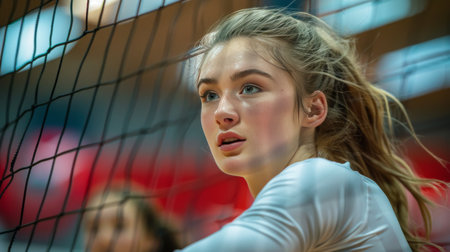 Portrait of a beautiful young woman in sportswear posing near the goalの素材