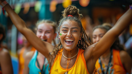A group of young women standing next to each other in a row, smiling and looking at the camera.の素材