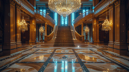 A grand staircase adorned with sparkling chandeliers casts a luxurious glow in a lavish interior setting.の素材