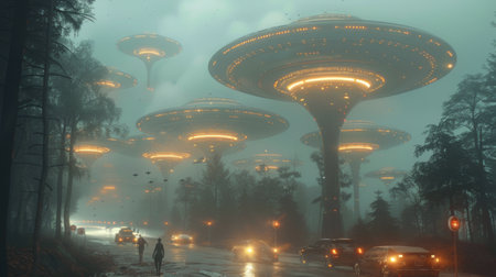 A group of individuals walking down a wet street under the rain, with umbrellas and raincoats.の素材