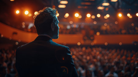 A man confidently stands in front of a large crowd of people, engaging with them.の素材