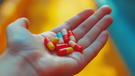 A person holding a handful of various pills in their hand, showing medication and healthcare concept.の素材