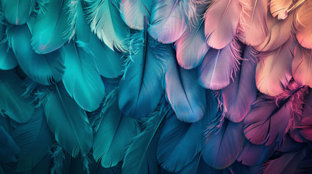 Detailed view of vibrant feathers creating a colorful background.の素材