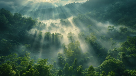 The sun shines through thick clouds, casting rays of light onto the lush greenery of a jungle.の素材