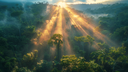 The sun shines through thick clouds, casting rays of light onto the lush greenery of a jungle.の素材