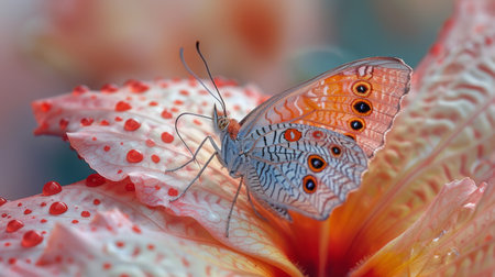 Close up of a butterfly perched on a flower, displaying its intricate patterns and delicate wings.の素材