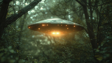 A colossal object speeds through a dense forest, towering above the trees in its path.の素材