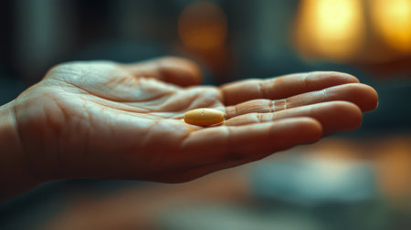 A close-up shot of a persons hand holding a pill between their fingers.の素材