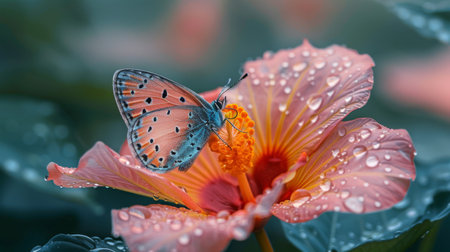 Close up of a butterfly perched on a flower, displaying its intricate patterns and delicate wings.の素材