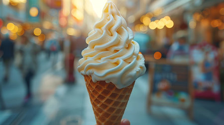 An ice cream cone sits on a busy city street, surrounded by blurred pedestrians and vehicles passing by.の素材