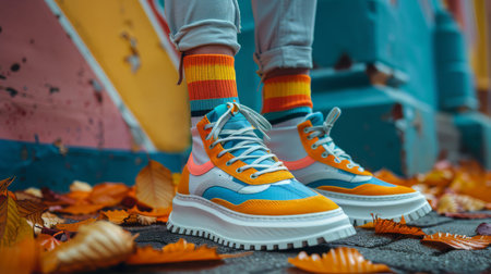 A pair of yellow sneakers adorned with colorful circles on a white background.の素材