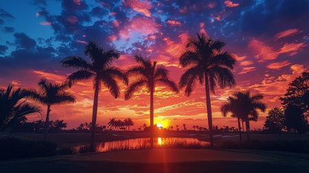 The sun sets beautifully over the ocean, casting warm hues on the water. Palm trees line the shore, their silhouette against the colorful sky.の素材