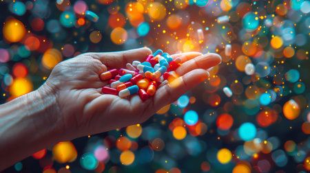 A person holds a handful of various pills in their hand.の素材