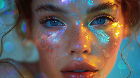 A woman with striking blue eyes is adorned with glitter on her face, creating a dazzling and eye-catching appearance.の素材