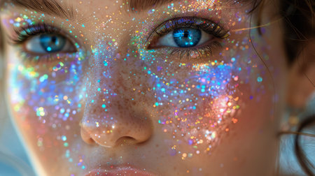 A woman with striking blue eyes is adorned with glitter on her face, creating a dazzling and eye-catching appearance.の素材