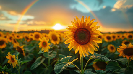 Field of blooming sunflowers under a rainbow in the sky.の素材