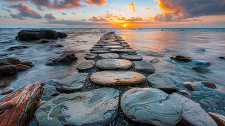 A straight arrangement of flat stepping stones stretching across the water.の素材
