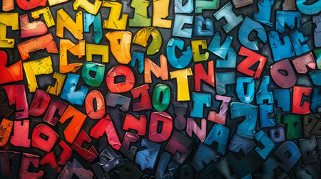 Colorful background filled with varying letters and numbers, creating a dynamic and lively visual display.の素材