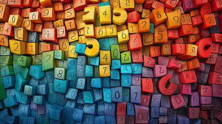 Colorful background filled with varying letters and numbers, creating a dynamic and lively visual display.の素材