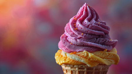 Foto de A cone filled with pink and yellow ice cream, with a colorful swirl on top. - Imagen libre de derechos