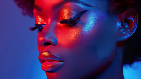 A close-up shot of a woman with vibrant and colorful makeup, emphasizing her detailed eye makeup and bold lipstick.の素材