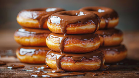A stack of delicious glazed donuts piled high on a wooden table, showing their sweet and shiny appearance.の素材