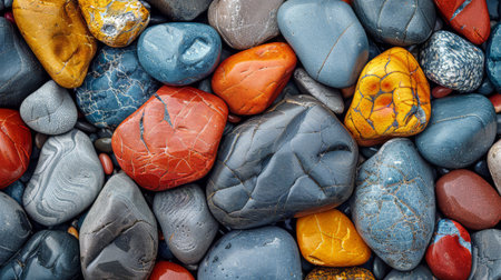 A collection of colorful rocks stacked together in a deliberate arrangement, showing a variety of shapes, sizes, and hues.の素材