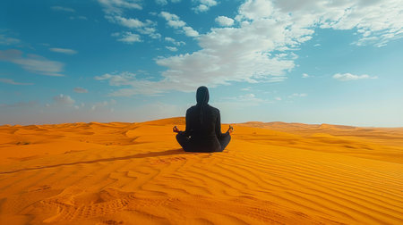 A woman in desert setting, seated on the sand under the hot sun.の素材