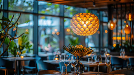 A chandelier hangs elegantly from the ceiling of a bustling restaurant, illuminating the space with warm light.の素材