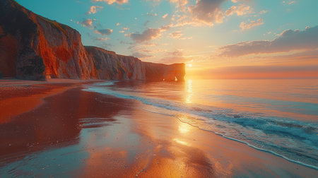 The sun sets on the horizon, casting a warm glow over the beach and cliffs.の素材