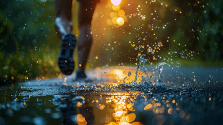 A person running in the rain, their feet splashing through the water.の素材