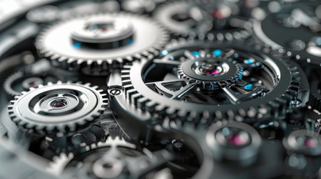 Detailed view of the inner workings of a clock mechanism, showing gears, springs, and hands in motion.の素材