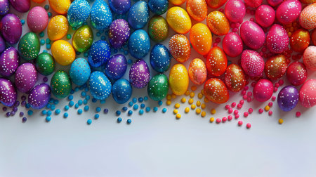 Several colored eggs decorated with sprinkles are displayed in a group.の素材