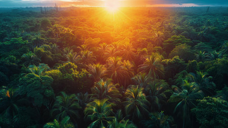 An aerial perspective of a dense tropical forest bathed in the golden light of a setting sun, showcasing a canopy of lush green trees.の素材