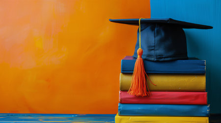 A graduation cap placed on top of a stack of books, symbolizing academic achievement and success.の素材