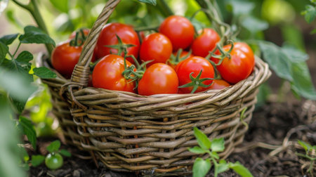 A basket overflowing with ripe, red tomatoes.の素材