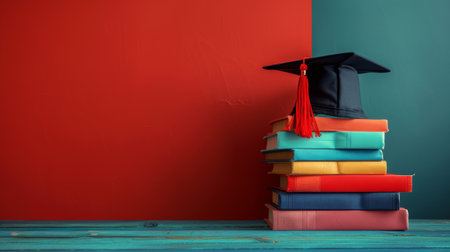 A graduation cap placed on top of a stack of books, symbolizing academic achievement and success.の素材