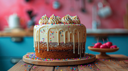 A cake with white frosting and colorful sprinkles sits on a plate, ready to be enjoyed.の素材