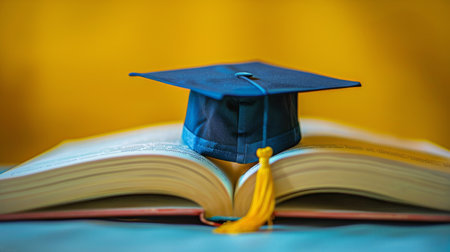 A graduation cap placed on top of an open book, symbolizing academic achievement and completion of studies.の素材