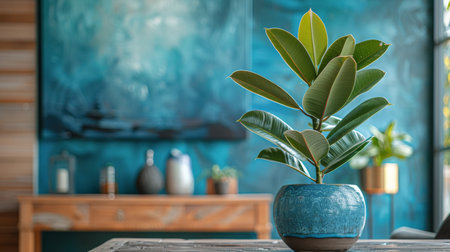 A potted plant resting on a sturdy wooden table, creating a simple and rustic display.の素材