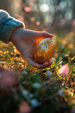 A childs hand holding a colorful Easter egg amidst a lush field of blooming flowers.の素材