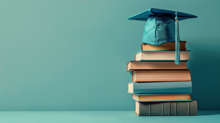 A stack of books with a black graduation cap placed on top, symbolizing academic achievement and success.の素材