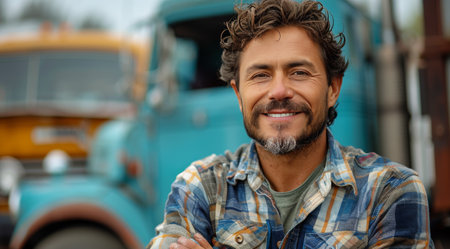 A man wearing a backpack is standing beside a car in a parking lot.の素材