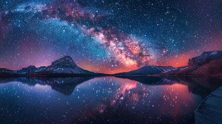A clear night sky filled with twinkling stars, reflecting off a vast body of water below.の素材