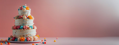 A three tiered cake with decorative icing placed on a blue pedestal, ready to be served at a celebratory event.の素材