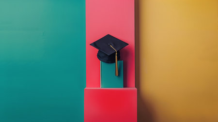 A graduation cap rests on top of a pink and blue block, symbolizing academic achievement and success.の素材