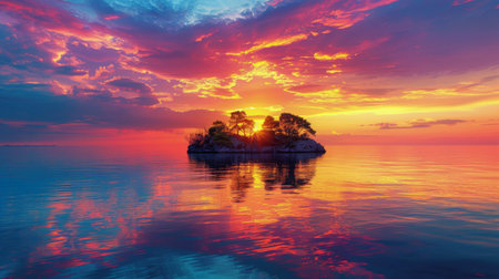 A small island sits in the center of a body of water, surrounded by rippling waves under a clear sky.の素材