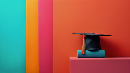A graduation cap rests on top of a pink and blue block, symbolizing academic achievement and success.の素材