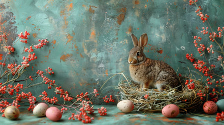 A painting depicting a rabbit sitting in a nest surrounded by eggs and daisies.の素材